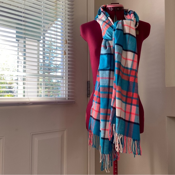 Blue stripe plaid fringed edged soft cashmere feel women scarf. Size Large. Used - Picture 3 of 8